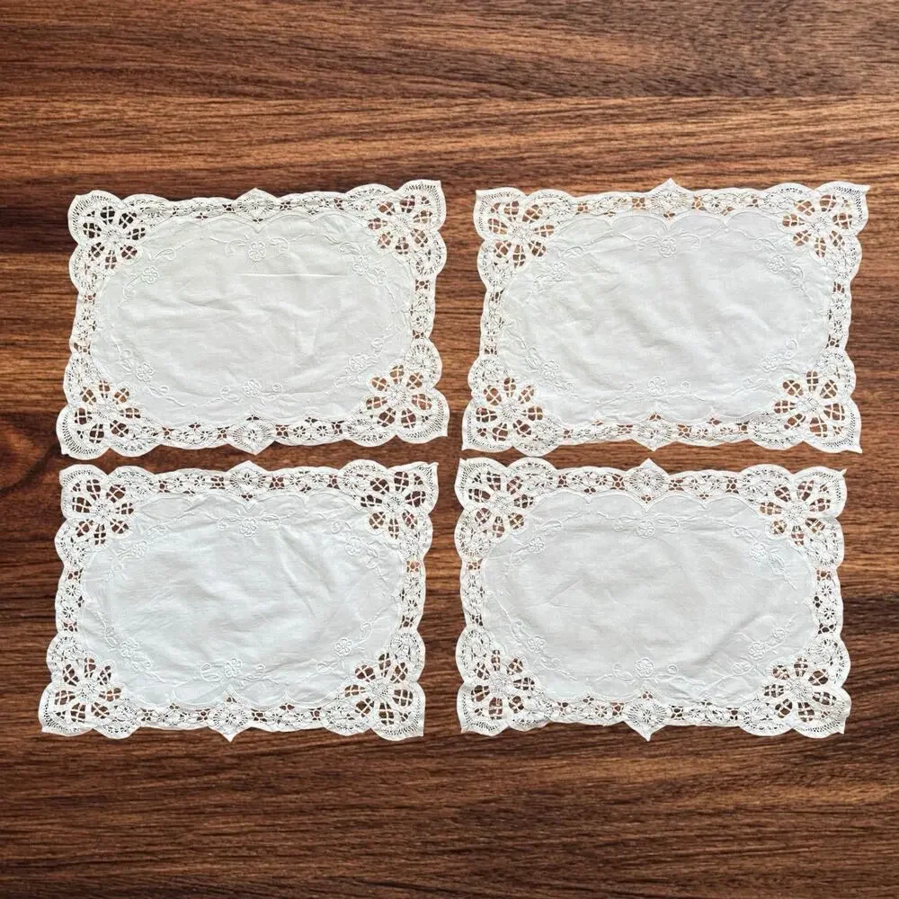 Battenburg Lace Placemats Set 4 White Rectangular Embroidered 18x13 Cottagecore